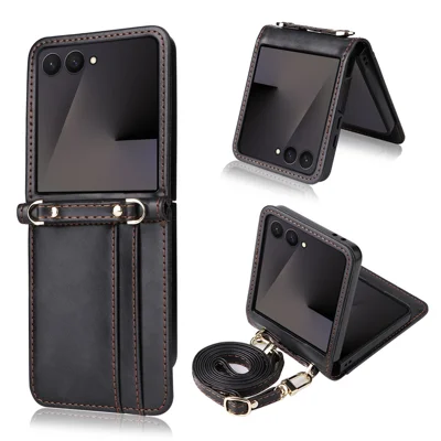For Samsung Galaxy Z Flip8 Case Card Slots Leather Phone Cover with Lanyard - Black