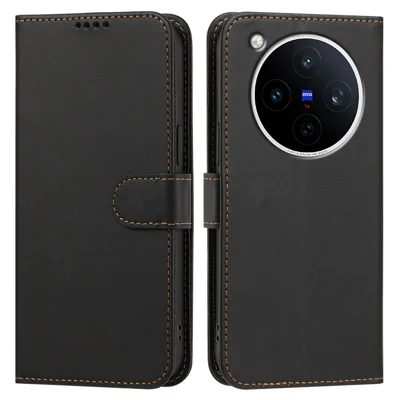  For vivo X500 Pro 5G Leather Case Wallet Stand Solid Color Anti Drop Phone Cover - Black