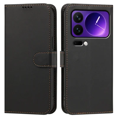 Etui skórzane z portfelem i podstawką na telefon przeciwudarowe w jednolitym kolorze dla Xiaomi 18 Pro - Czarny