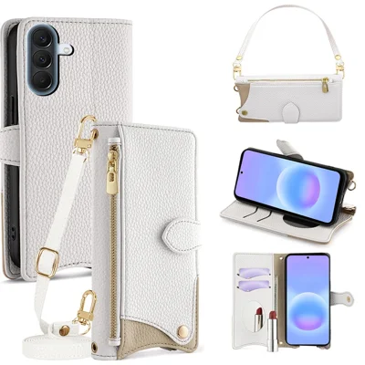 Capa de Couro para Samsung Galaxy A57 5G com Design de Cauda de Peixe, Suporte Dobrável, Carteira, Espelho, Alça Longa e Alça Curta - Branco