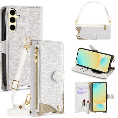 For Samsung Galaxy S24 FE Leather Case Fishtail Design Folding Stand Wallet Phone Cover with Mirror Long Strap Short Strap - White