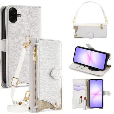 For Samsung Galaxy A07 4G Leather Case Fishtail Design Folding Stand Wallet Phone Cover with Mirror Long Strap Short Strap - White