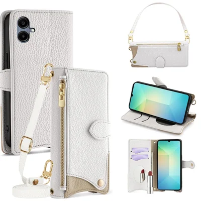 For Samsung Galaxy A06 4G Leather Case Fishtail Design Folding Stand Wallet Phone Cover with Mirror Long Strap Short Strap - White