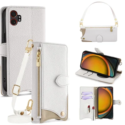For Samsung Galaxy XCover7 Pro Leather Case Fishtail Design Folding Stand Wallet Phone Cover with Mirror Long Strap Short Strap - White