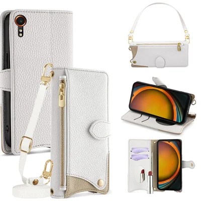 For Samsung Galaxy Xcover7 Leather Case Fishtail Design Folding Stand Wallet Phone Cover with Mirror Long Strap Short Strap - White