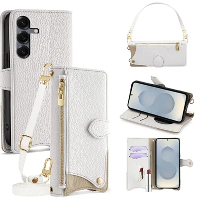 Voor Samsung Galaxy S25 Leren Hoesje met Fishtail Design, Opvouwbare Stand, Portemonnee, Telefoonhoesje met Spiegel, Lange Band, Korte Band - Wit