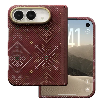 For iPhone Duo Magnetic Case Aramid Fiber Foldable Phone Cover with Metal Camera Ring / Center Axis - Red