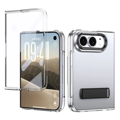 For iPhone Duo Case Foldable Kickstand Clear PC Phone Cover with High Aluminium-silicon Glass Film - Black