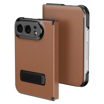 For iPhone Duo Magnetic Flip Cover PU Leather+PC Phone Case with Kickstand - Brown