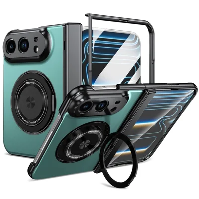 For iPhone Duo  Magnetic Case Rotating Kickstand Hard PC Hinge Protection Folding Phone Cover with Tempered Glass Film - Lake Blue