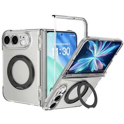 For iPhone Duo Case Rotatable Kickstand Clear PC + TPU Full Hinge Protection Phone Cover with HD Tempered Glass Film - Transparent Black