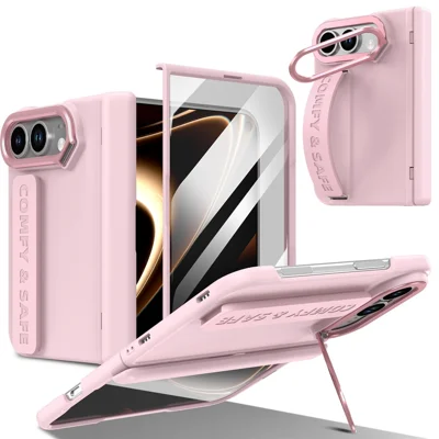 Voor iPhone Duo Case Lens Kickstand Scharnierzijdebescherming PC-telefoonhoesje met Schermfolie - Roze