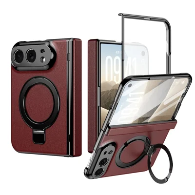 For iPhone Duo  Magnetic Case with Kickstand PU Leather Coated PC Phone Cover with Tempered Glass Screen Protector - Red