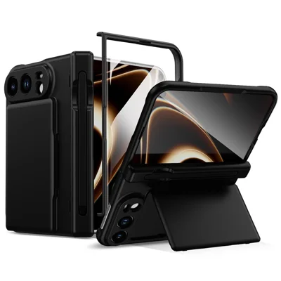 For iPhone Duo Case Hard PC Phone Cover with Card Holder Screen Protector - Black