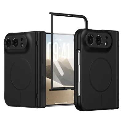 For iPhone Duo Magnetic Case Case Hard PC Anti-Scratch Folding Phone Cover with Tempered Glass Film - Black