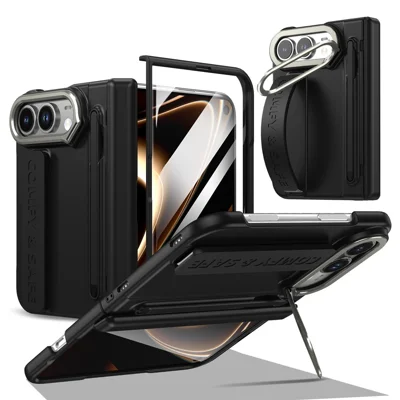 Voor iPhone Duo Case Camera Frame Kickstand Harde PC Telefoonhoes met Gehard Glasfolie / Stylus - Zwart