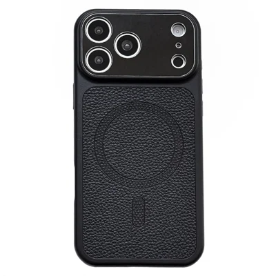 For iPhone 18 Pro Max / 17 Pro Max Magnetic Case Leather + PC Anti Fingerprint Phone Cover with Metal Camera Frame - Black