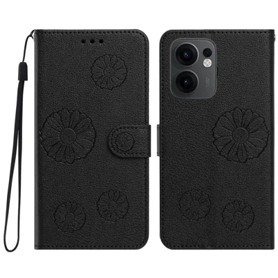  For Oppo Reno13 F 4G / Oppo Reno13 F 5G Daisy Pattern PU Leather Wallet Phone Cover with Wrist Strap - Black