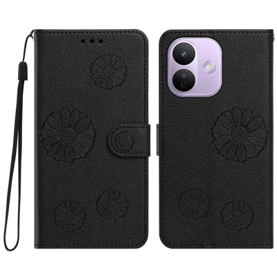 Til Xiaomi Redmi Note 17 Pro 5G Daisy Pattern PU Læder Wallet Telefonbeskytning med Håndledsrem - Sort