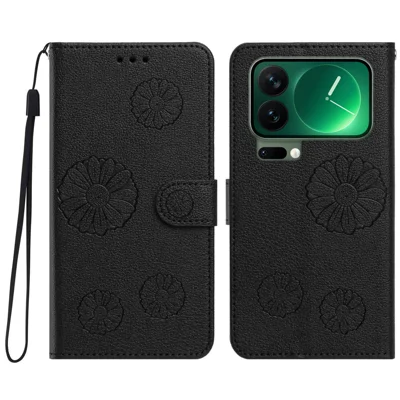  For Xiaomi 17 Pro Daisy Pattern PU Leather Wallet Phone Cover with Wrist Strap - Black