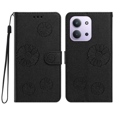  For Xiaomi Redmi 15C 5G (EU) (173mm) / Xiaomi Poco C85 5G / Xiaomi Poco C85 4G (173mm) / Xiaomi Redmi 15C 4G (EU) (173mm) Daisy Pattern PU Leather Wallet Phone Cover with Wrist Strap - Black