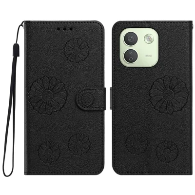  For Xiaomi Redmi Note 17 Pro+ 5G / Xiaomi Redmi Note 17 Pro Max 5G Daisy Pattern PU Leather Wallet Phone Cover with Wrist Strap - Black
