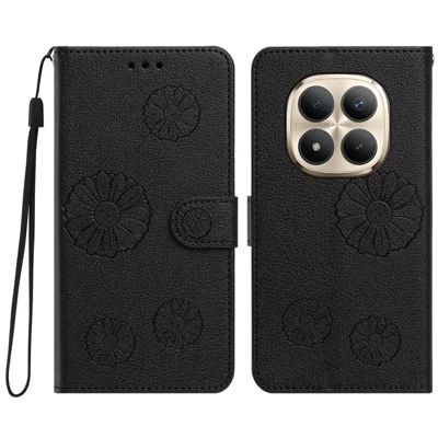  For Xiaomi Poco M8 Pro 5G / Xiaomi Redmi Note 15 Pro+ 5G (Global) Daisy Pattern PU Leather Wallet Phone Cover with Wrist Strap - Black