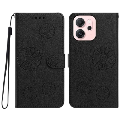  For Oppo Reno14 F 5G / Oppo Reno14 5G (Global) Daisy Pattern PU Leather Wallet Phone Cover with Wrist Strap - Black