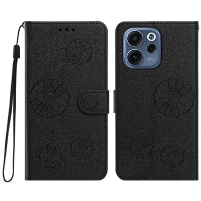  For Oppo Reno15 FS 5G / Oppo Reno15 F 5G Daisy Pattern PU Leather Wallet Phone Cover with Wrist Strap - Black
