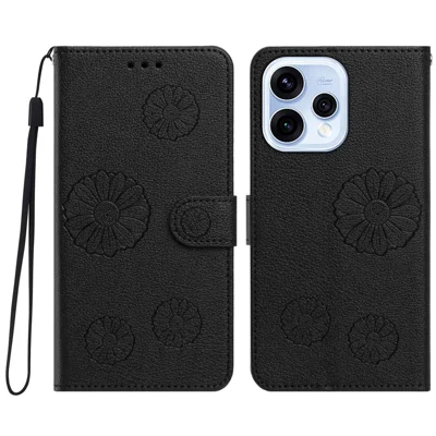  For Oppo Reno15 5G (China) / Oppo Reno15 Pro Mini 5G / Oppo Reno15 Pro 5G (Global) Daisy Pattern PU Leather Wallet Phone Cover with Wrist Strap - Black