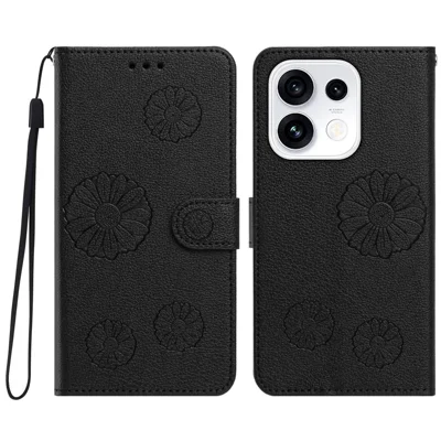 Capa Carteira em Couro PU com Padrão de Margarida para Oppo Reno16 Pro 5G (Global) / Oppo Reno16 5G (Global) com Alça de Pulso - Preto