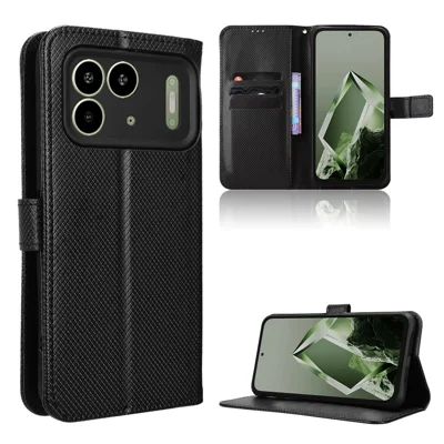 Étui portefeuille en cuir avec dragonne pour itel Power 80, housse téléphone avec texture diamant - Noir