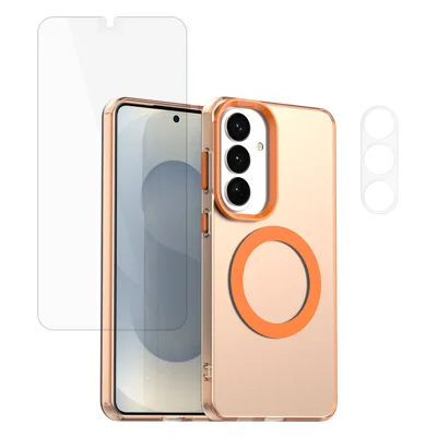 لـ Samsung Galaxy A37 5G غطاء هاتف مغناطيسي مضاد للسقوط مع واقي عدسة الكاميرا + واقي شاشة زجاجي مقسى - برتقالي