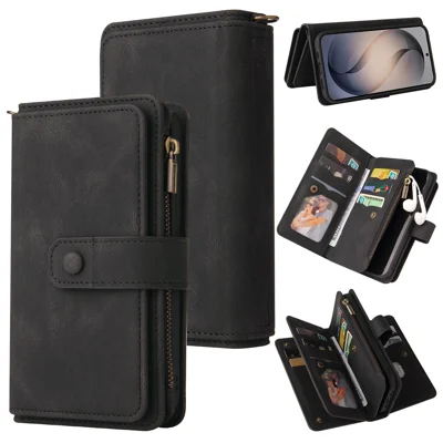  For Samsung Galaxy S27 Ultra Zipper Wallet Case with 15 Card Slots and Strap Leather Phone Cover - Black