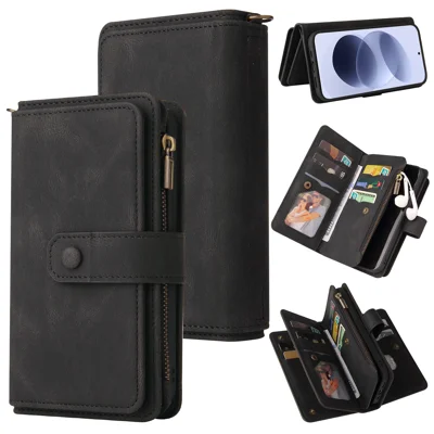  For Xiaomi Redmi Note 17 4G (Global) / Xiaomi Redmi Note 17 (India/China) 5G / Xiaomi Redmi Note 17 5G (Global) Zipper Wallet Case with 15 Card Slots and Strap Leather Phone Cover - Black