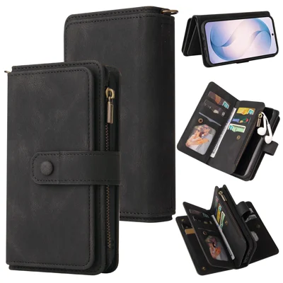  For Samsung Galaxy S27+ Zipper Wallet Case with 15 Card Slots and Strap Leather Phone Cover - Black