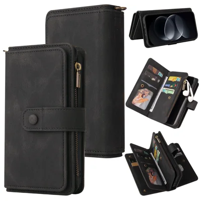  For Xiaomi Redmi Note 17 Pro+ 5G / Xiaomi Redmi Note 17 Pro Max 5G Zipper Wallet Case with 15 Card Slots and Strap Leather Phone Cover - Black