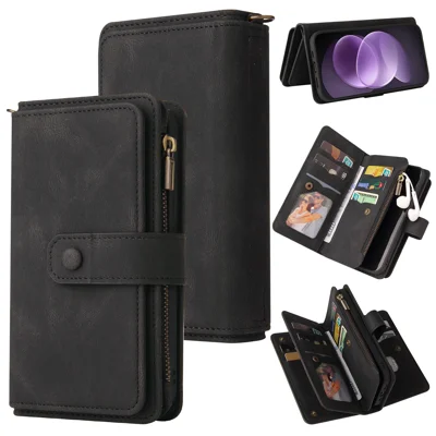 Voor Xiaomi Redmi Note 17 Pro 5G Zipper Walletcase met 15 kaartslots en draagkoord Leren telefoonhoes - Zwart