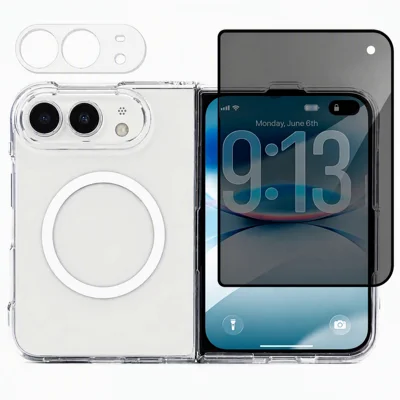 Étui magnétique 3 en 1 pour iPhone Duo, housse en TPU + acrylique avec film d'écran anti-espion 180° + film de lentille transparent - Noir