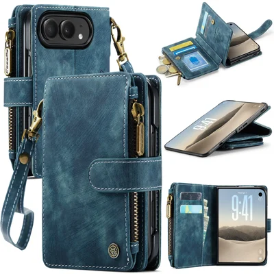  CASEME for iPhone Duo C30 Phone Cases with Strap Zipper Multiple Card Holder PU Leather Cover - Blue