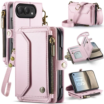  CASEME for iPhone Duo C36 Leather Case Zipper 10 Card Slots Phone Cover with Straps - Pink