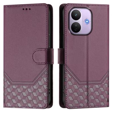 Voor Xiaomi Redmi Note 17 Pro 5G Hoesje Met Ingeprest Zeshoekpatroon RFID-blokkering Lederen Telefoonhoes met Bandje - Donkerpaars