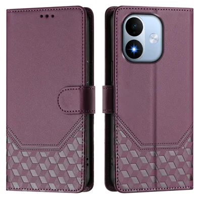  For Xiaomi Redmi Note 17 5G (Global) / Xiaomi Redmi Note 17 (India/China) 5G / Xiaomi Redmi Note 17 4G (Global) Case Imprinted Honeycomb RFID Blocking Leather Phone Cover with Strap - Dark Purple