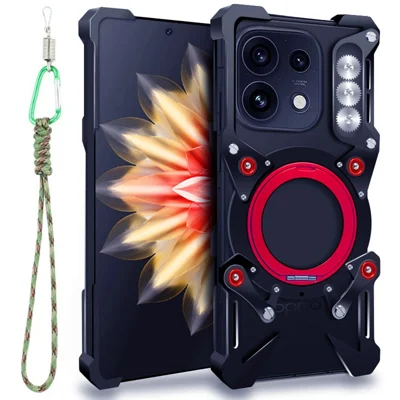 Bumper Case for Oppo Reno16c 5G / Reno16 F 5G / Reno16 FS 5G , Kickstand Aluminum Alloy Magnetic Phone Cover with Wrist Strap - Black