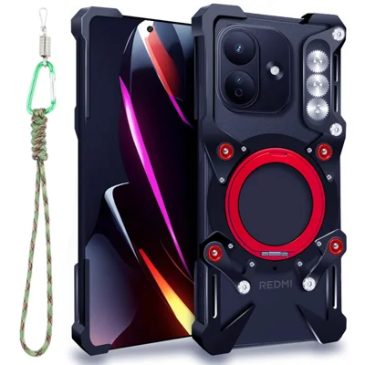Voor Xiaomi Redmi Note 17 Pro 5G Bumpercase Met Steunpoot Van Aluminiumlegering Magnetische Telefoonhoes Met Polsriem - Zwart