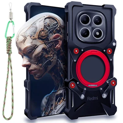 Funda tipo parachoques para Xiaomi Redmi Note 15 5G (Global) / Poco M8 5G con soporte giratorio, carcasa magnética de aleación de aluminio con correa de muñeca - Negro