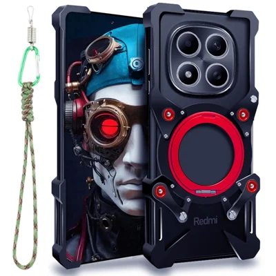 غطاء خلفي لهاتف Xiaomi Redmi Note 15 Pro 4G (عالمي) بتصميم معدني مع حامل دوار ومغناطيس وحزام معصم متوافق مع MagSafe - أسود
