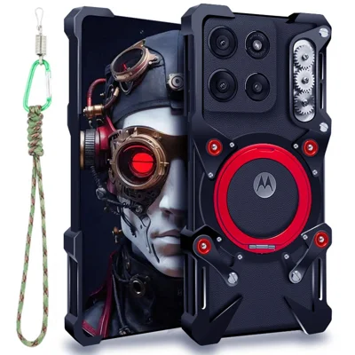 Coque de protection renforcée pour Motorola Moto G47 5G avec support à bague rotative, coque magnétique en alliage d'aluminium avec dragonne compatible MagSafe - Noir