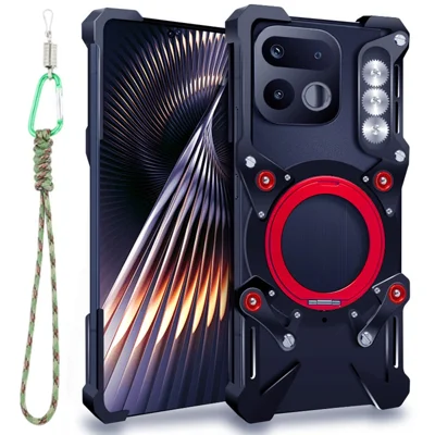 For Realme 16T 5G Bumper Case med støtte og aluminiumslegemagnetskærm med håndbøjle, kompatibel med MagSafe - Sort