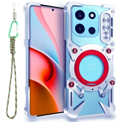 For OnePlus Nord 6 5G Bumper Case Kickstand Aluminum Alloy Magnetic Phone Cover with Wrist Strap - Silver